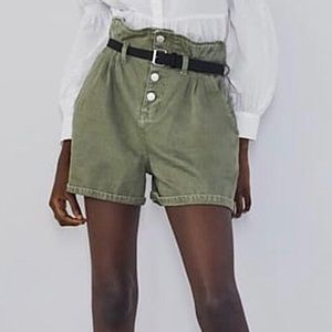 Zara Shorts army green denim paper bag Small NWOT